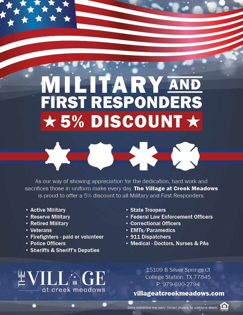 Military & First Responders Discount The Village at Creek Meadows